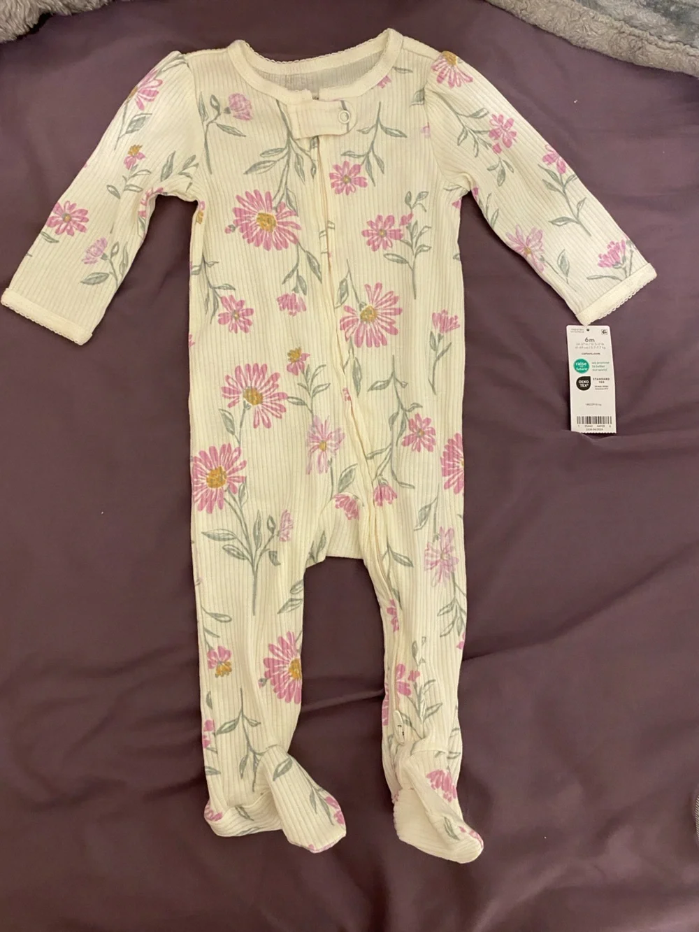 Carter's Cream Ribbed Baby Romper with Pink Floral Print